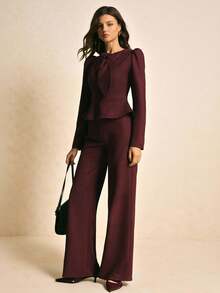 Poéselle 女士优雅结领荷叶边上衣搭配泡泡袖和喇叭裤两件套，适合工作和通勤，春秋季穿着。 - 酒紅色 - 查看 6
