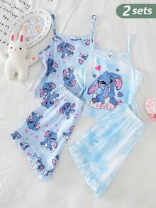 SHEIN 女童卡通兔子字母印花浅蓝色吊带背心+荷叶边短裤套装，面料柔软舒适，儿童休闲可爱睡衣 - 彩色 - 查看 5