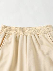 SHEIN Explorewe 少女休闲运动裤，简约logo图案撞色口袋装饰针织慢跑裤，宽松休闲阔腿长裤 - 杏色 - 查看 4