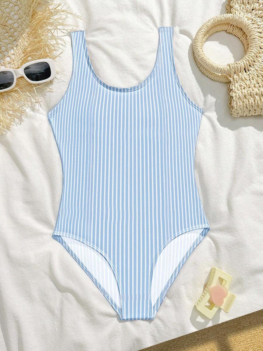 SHEIN Bộ đồ bơi liền thân cho bé gái tuổi teen, kiểu dáng dễ thương với họa tiết sọc xanh trắng, không tay, thời trang và thanh lịch, thích hợp cho bơi lội, kỳ nghỉ hè, bãi biển, hồ bơi và các bữa tiệc ngày lễ.