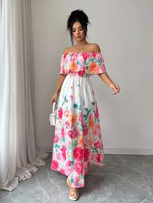 Elenzga Đầm nghỉ mát nữ kiểu dáng xòe, trễ vai, thắt eo, xếp ly. - Hồng - Xem 6