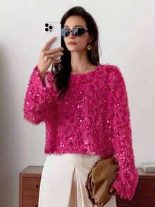 Elyressa 1pc Fashionable Fluffy Sequin European Design Loose Relaxed Fit Crew Neck Pullover Sweater, Cropped Soft & Cozy Elegant Women Winter Outfit - Hot Pink - View 3