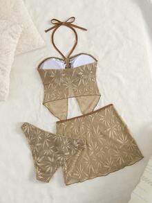 Swim SXY 3pcs Women's Summer Textured Bandeau Tankini & Mini Skirt Swimwear Set Bustier Dress Built In Bra Dress - Multicolor - View 5