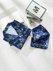 男童睡衣套装 - 两件套睡衣，短袖纽扣领上衣搭配同色短裤，藏蓝色霓虹游戏手柄印花，夏季家居服，休闲服，假日必备，2026 轻盈舒适 - 彩色 - 查看 8