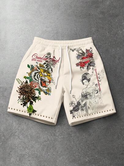 ROMWE MEN Men's Floral And Animal Print Drawstring Waist Casual Shorts