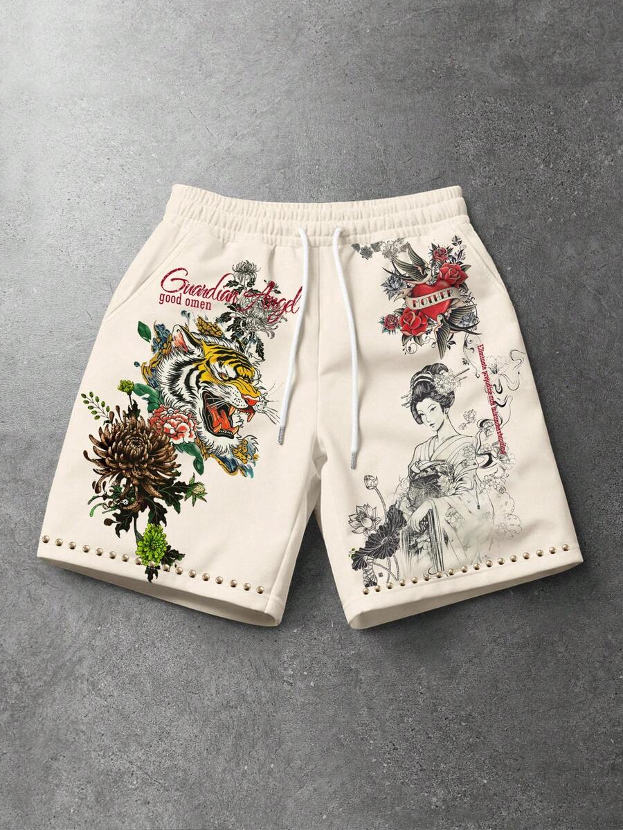 ROMWE MEN Anime Men's Floral And Animal Print Drawstring Waist Casual Shorts - Multicolor - View 1