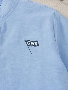 Casuvi Kids 1pc Tween Boys' Mandarin Collar Casual Solid Blue Short Sleeve Shirt, Front CSV Graphic, Versatile Spring/Summer Sky Blue Shrit For Kids Boys Sky Blue Shirt For Kids Boys - Blue - View 11