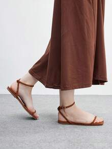 CUCCOO BIZCHIC Square Toe Minimalist Strap Flat Sandals For Women, Simple Fashion Commute Outdoor Summer Vacation Footwear Summer Shoes - Aurora Brown - View 5