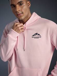 Driftmere Men's Autumn/Winter Minimalist Mountain Print Pocket Drawstring Hoodie Sweatshirt, Long Sleeve Top - Pink - View 6