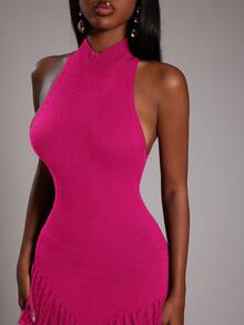 NYA SZN 无袖高领流苏修身罗纹针织连衣裙，弹力面料，适合特殊场合、度假、婚礼、外出、机场等，可爱复古风，秋冬季通勤皆宜，女士必备单品 - 玫紅色 - 查看 5