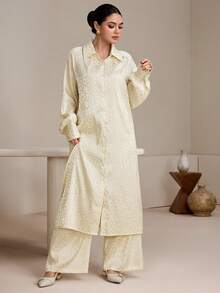 Graceveil 女士杏色豹纹提花优雅端庄休闲阿拉伯风格衬衫裤套装 - 杏色 - 查看 5