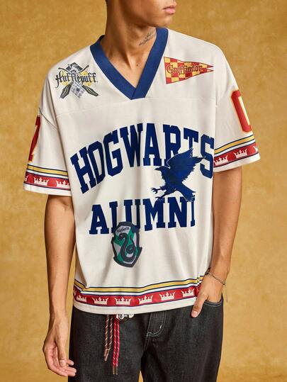 HARRY POTTER X SHEIN Men's Casual V-Neck Loose T-Shirt With Letter & Animal Badge Print, Fashion Street Style For Summer Retro Basketball Shirt