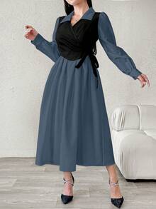 Modelyn 大码撞色翻领系腰衬衫裙，喇叭袖 - 藍色 - 查看 6