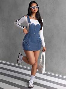 SHEIN ICON 女士纯色纽扣吊带修身牛仔连衣裙 - 藍色 - 查看 6