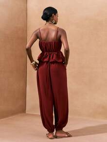 Zivah 2026 Spring/Summer New Music Festival, Easter, St. Patrick's Day, Valentine's Day, Date, Western, Nomadic, Birthday Party, Casual, Vacation, Cruise, Beach, Sunbathing, Wedding Guest Bohemian, Commute 2pcs Set: Spaghetti Strap Ruched Crop Top With Waist Tie And Drawstring Pleated Pocket Pants In Brown - Brown - View 3