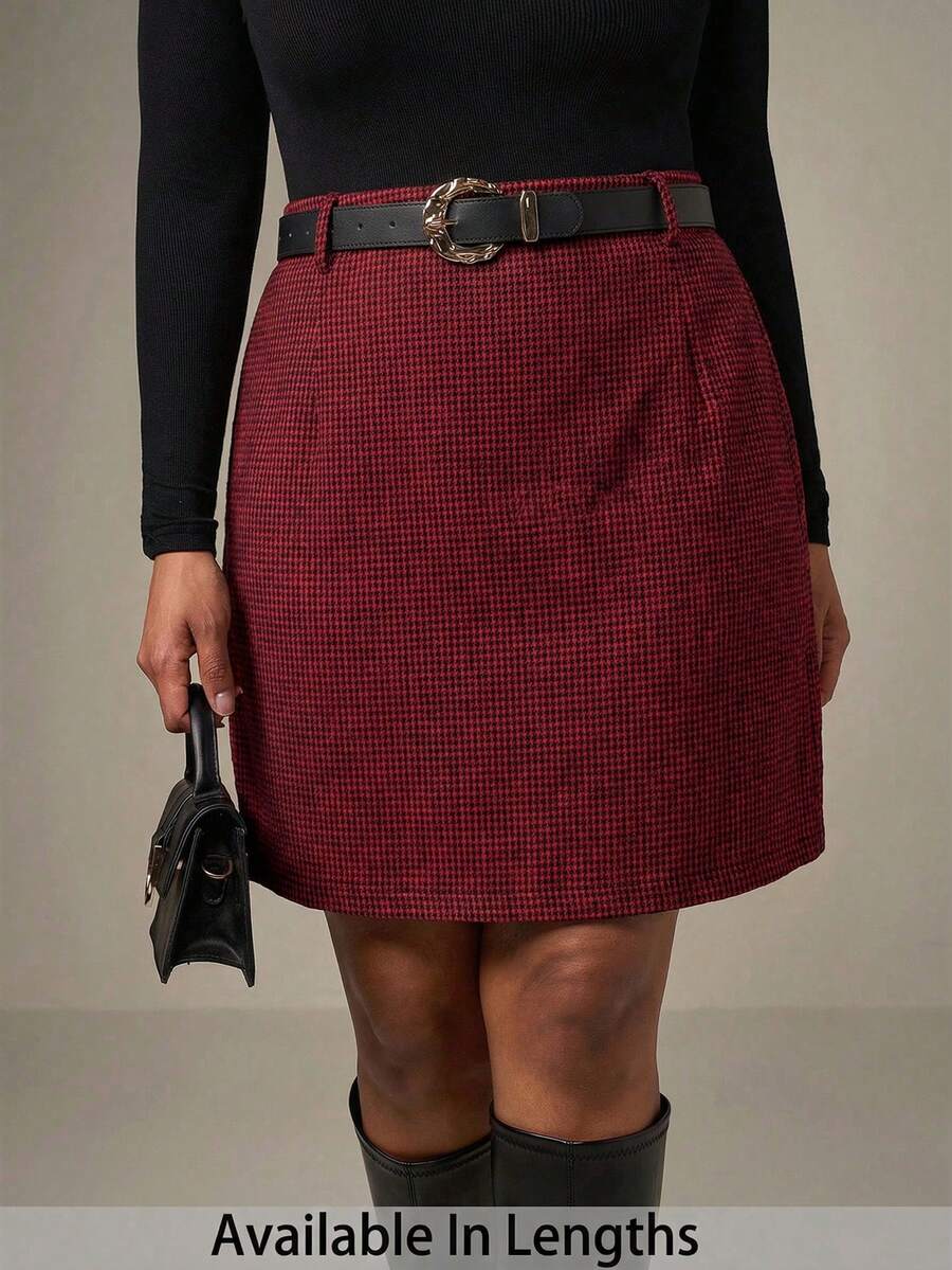 SHEIN Tall CURVE Plus Houndstooth Print Straight Skirt Without Belt - Red - View 1