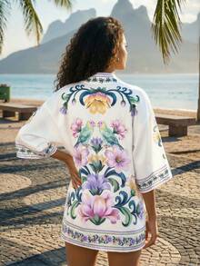 CAJUNI Women's Floral Print Casual Versatile Vacation Kimono With Open Front, Mid-Sleeve - Mauve Purple - View 2