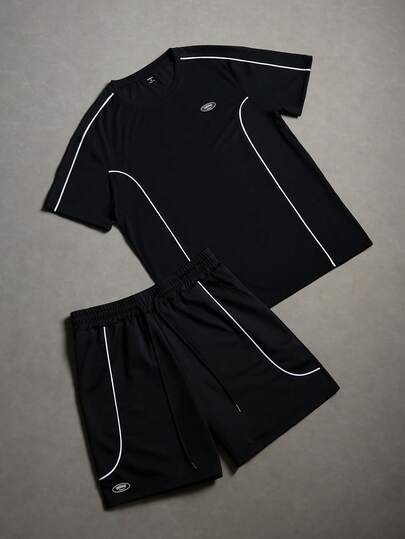 PAVTROS Conjunto casual de camiseta de manga corta con cuello redondo y ribete de contraste, y pantalones cortos para hombre