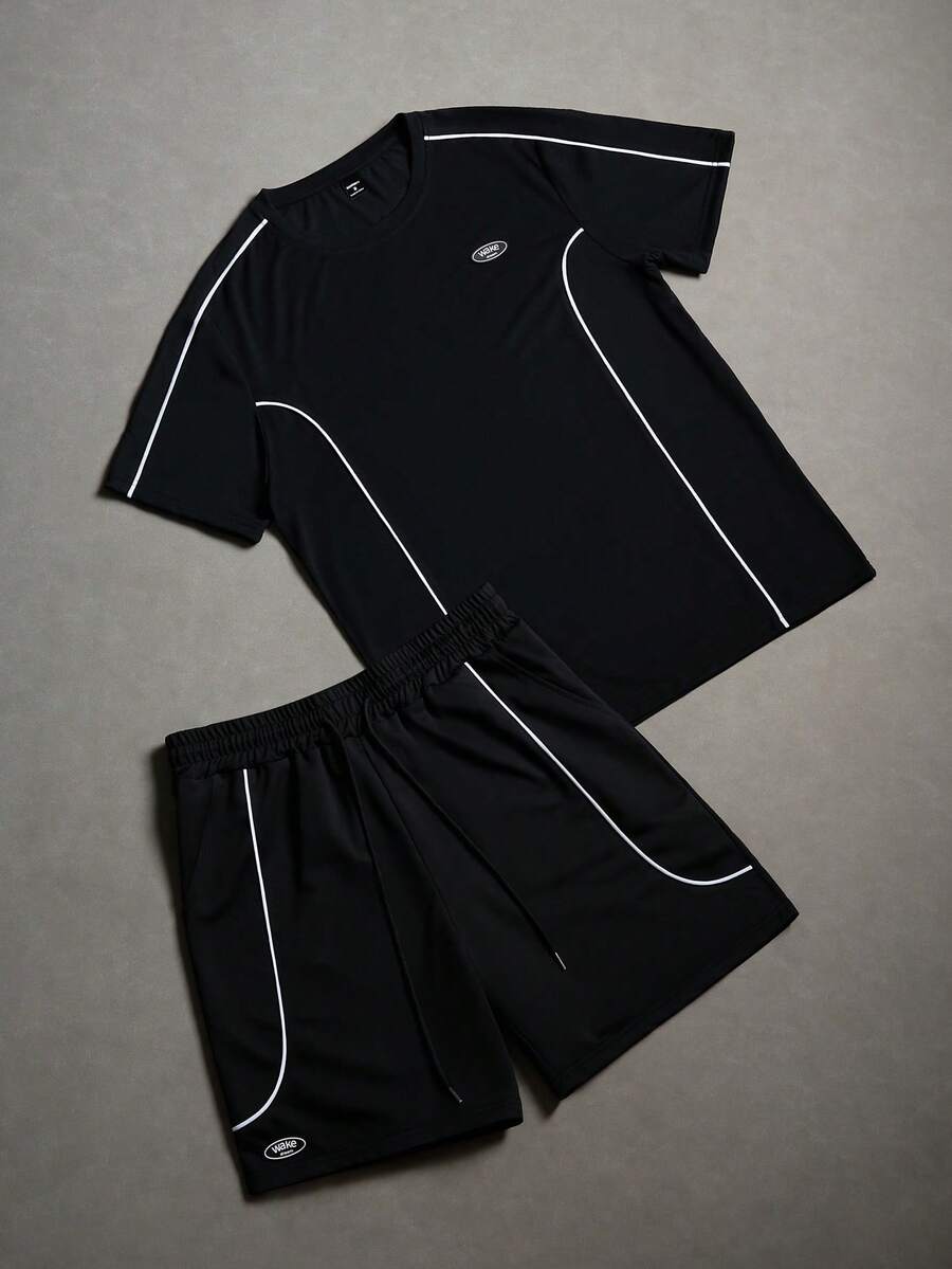 PAVTROS 男士撞色滚边圆领短袖T恤短裤休闲套装 黑白短裤套装 男士两件套短裤套装 男士T恤短裤套装 男士泳装套装 男士短裤套装 - 彩色 - 查看 1