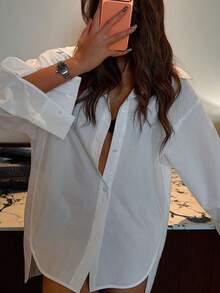 DAZY Women's Pointed Collar Button Up Casual Loose Versatile Long Sleeve Blouse - White - View 8
