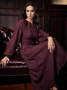 Uhlyne 女士宽松腰部可调节A字长连衣裙，秋冬款 - 紅色 - 查看 1