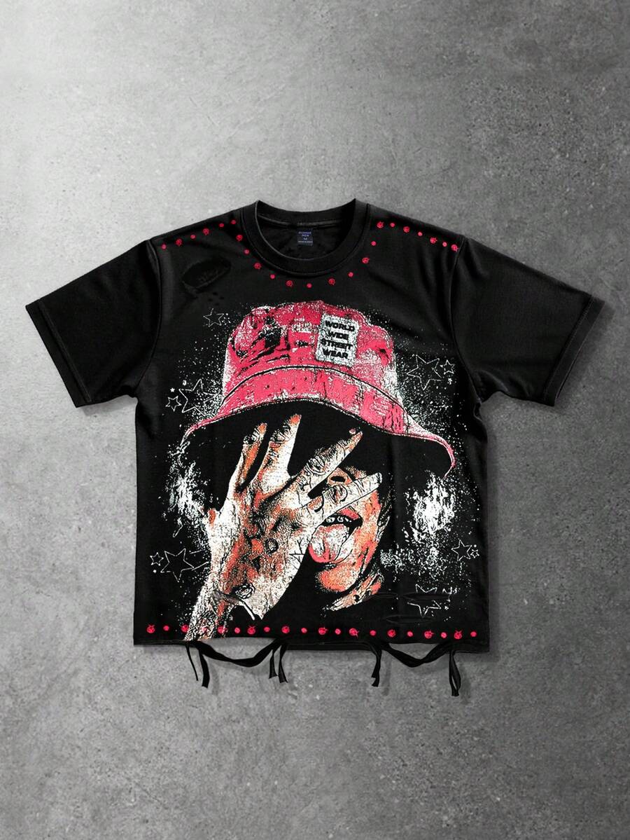 ROMWE MEN 男女通用休闲破洞短袖T恤 - 黑色 - 查看 1