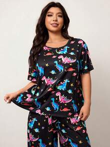 Enliva Plus Size Color Gradient Dinosaur Short Sleeved Pants Set, For Apple Rounded Body Shape - Multicolor - View 6
