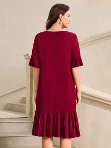 Miaspire 女士纯色圆领短袖荷叶边下摆休闲宽松连衣裙，夏季穿搭 - 深紅色 - 查看 2