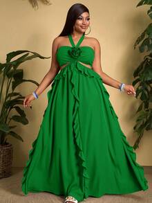 Veslaya 大码女装春夏新款日常休闲、沙滩、旅行印花露背系带荷叶边下摆、腰部镂空A字长裙，裹身式连衣裙，女士吸睛连衣裙，惊艳之作 - 綠色 - 查看 5