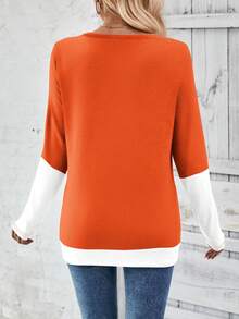 EMERY ROSE Women Casual Contrast Color Patchwork 2 In 1 T-Shirt, Autumn Graphic Tees Women Tops - Orange - View 2