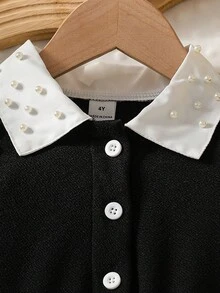 SHEIN Summer Young Girl Dress, Princess Style Beaded Collar Front Button Puff Sleeve Bow Tie Flared Skirt, Chic Party Vacation Fashion Outfit - Black - View 5