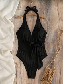 Swim Chiccia Đồ bơi một mảnh hở lưng cúp tam giác chắc chắn cho nữ, dây đeo dày, buộc phía trước - màu đen - Xem 3