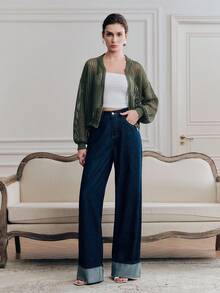 Anewsta Women's Casual Commuting Dropped Shoulder Loose Sheer Open Knit Zip-Up Cardigan - Cadet Blue - View 2