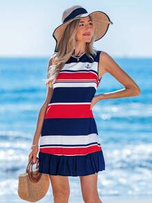 SHEIN LUNE 休闲度假风航海红蓝白条纹网球裙，运动风女式印花迷你连衣裙，适合夏季度假、学院风、老派风格、返校节等场合穿着。