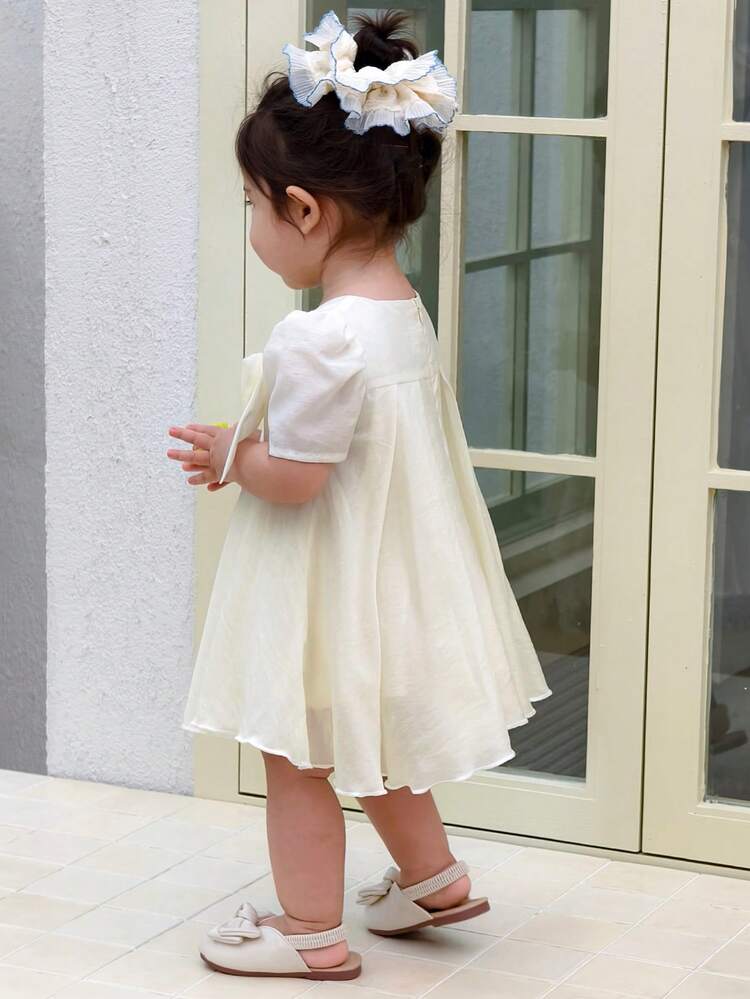 Toddler Girls' Square Neck Bow Decor Party Puff Sleeve Short Dress