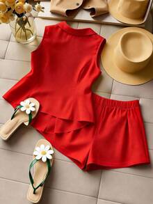 GlowEve CURVE Plus Size Women's Elegant Fabric Summer Vest Suit Shorts Two Pieces Set, Open Front, Bow Decor, Solid Button Design, Tailored Shorts, Suitable For Graduation, Holidays, Valentine's Day, Music Festivals, Mother's Day, Halloween, Thanksgiving, Easter, National Day, Galas, Dates, Parties, Weddings, Outdoor Activities Red Suits For Woman