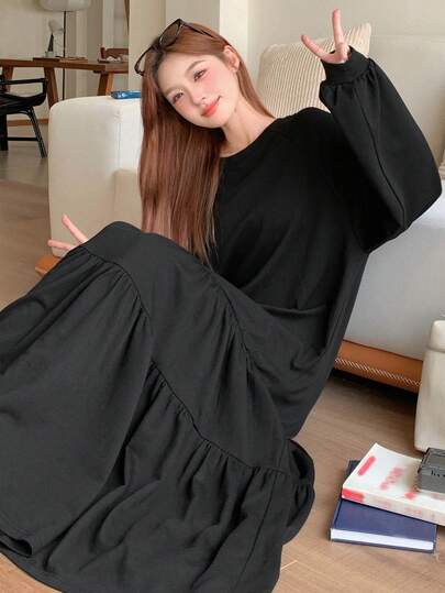 DAZY 女士圆领纯色荷叶边下摆韩版休闲中长连衣裙