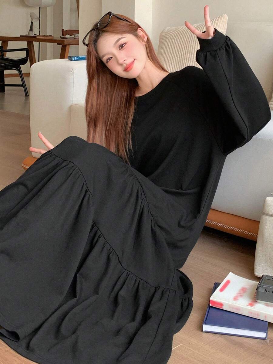 DAZY 女士圆领纯色荷叶边下摆韩版休闲中长连衣裙/吊带裙 - 黑色 - 查看 1