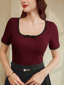 Vintamour 复古经典优雅女士T恤，春夏修身撞色滚边蝴蝶结T恤，杏色短袖T恤 - 酒紅色 - 查看 4