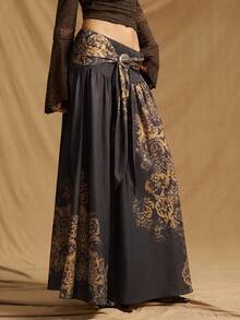 SHEIN ICON 女士西式腰部抽绳印花半身裙 - 棕色 - 查看 1