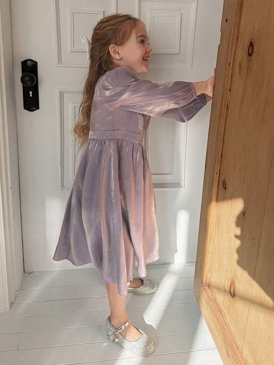 DAZY Girls (Small) V-Neck Satin Shiny Casual Long Sleeve Dress, Korean Style - Mauve Purple - View 1