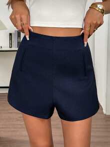 Elyressa Women's Solid Color High Waist Casual Commuter Versatile Shorts - Navy Blue - View 4
