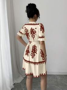 Elenzga Đầm nữ kiểu dáng thường ngày in hoa, cổ chữ V, thắt eo. - Màu Đỏ Sâu - Xem 2