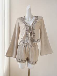 SHEIN EZwear Summer Outfit 2pcs Set: Light Apricot V-Neck Embroidered Twist Front Long Sleeve Top And Slant Pocket Shorts - Apricot - View 3