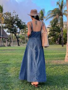 Livesso Sleeveless Distressed Waist-Cinched Casual Denim Dress For Women - Blue - View 2