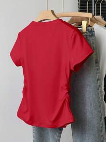SHEIN Tween Girls Solid Color Fitted Waist T-Shirt - Red - View 2