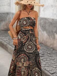 Brillora 波西米亚风印花露背系带镂空串珠装饰度假连衣裙（女款） - 黑色 - 查看 4