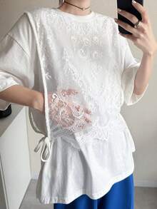 FRIFUL Women's Round Neck Loose Lace Tie-Up Splicing Camisole Design Casual T-Shirt For Commuting - White - View 2