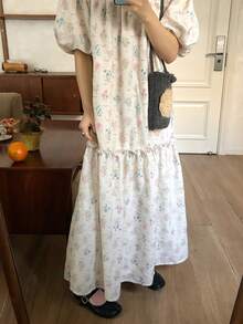 FRIFUL 女士夏季度假风印花泡泡袖荷叶边下摆连衣裙波西米亚风 - 白色 - 查看 4