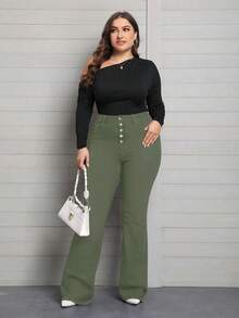 EMERY ROSE Plus Size Women Elastic Waist Jeans, Multiple Button Design Skinny Flare Pants - Army Green - View 4